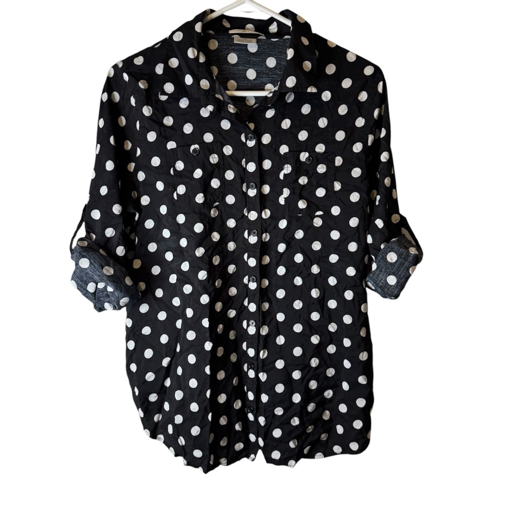 Van Heusen Women's Black/white Polka Dot Button Up Blouse  (L)